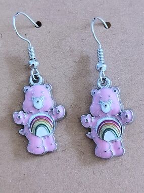 Handmade Care Bears Cheer Bear Enamel Dangle Earrings Pink Rainbow Retro Cartoon